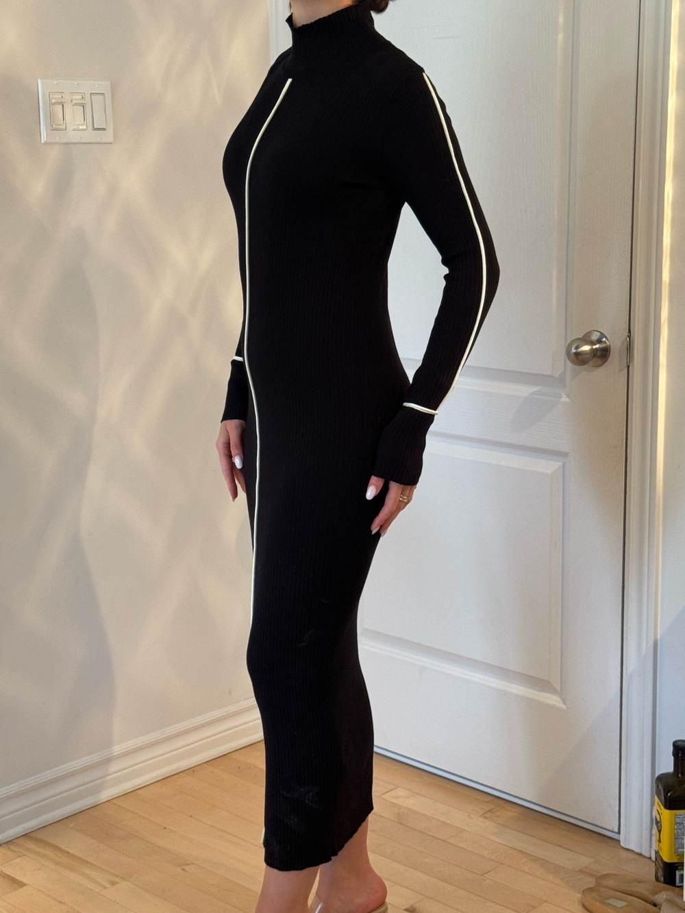 Zara Black Ribbed Midi Dress with Contrast Trim